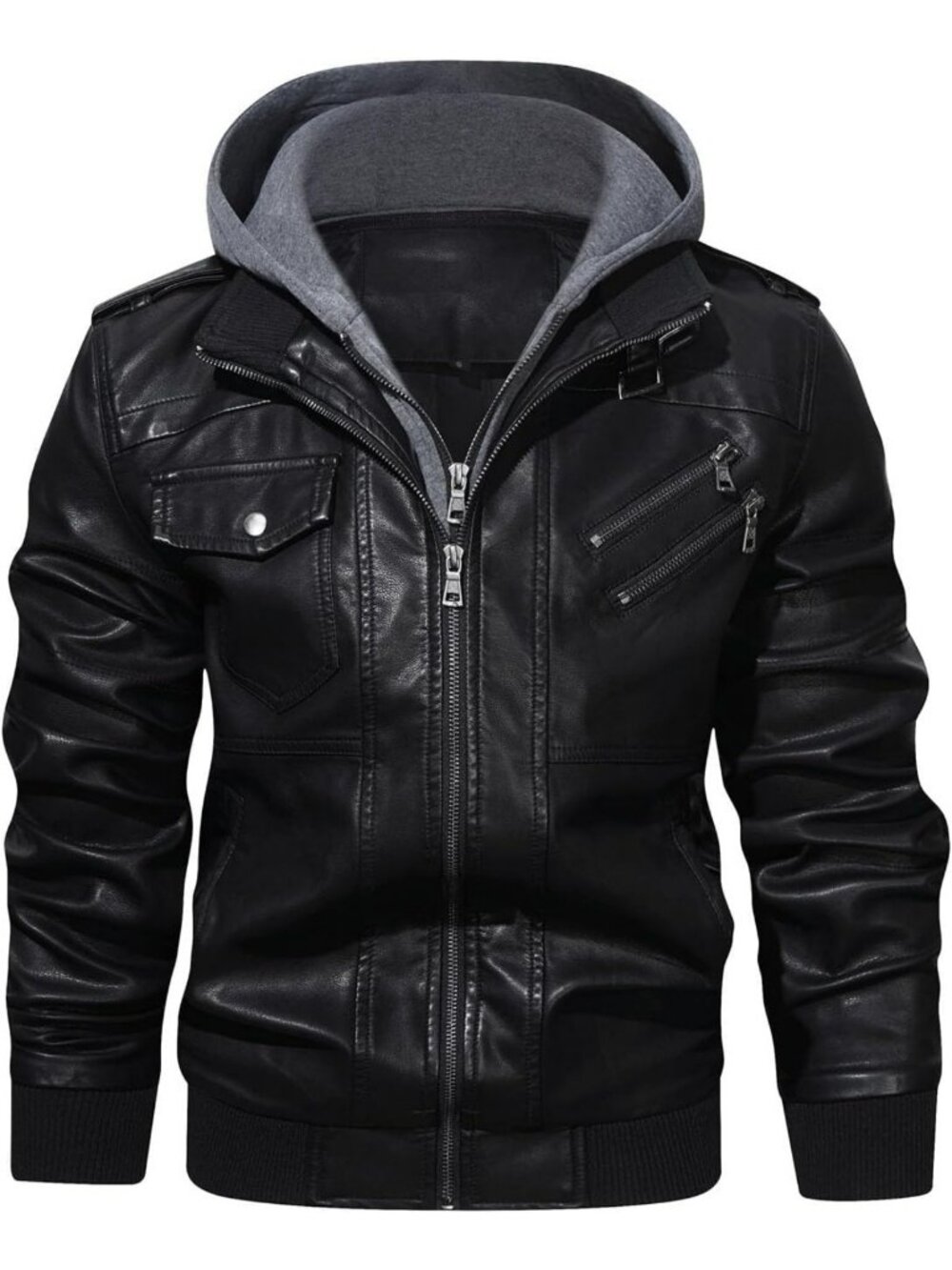 Men's Casual Faux Leather Zip-Up Bomber Jacket with Removable Hood, Stand Collar